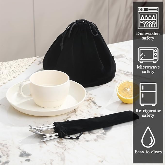 Camping Essentials Set, HOMQUEN Camping Plates and Bowls Set, Coffee Mug, Travel Cutlery Set Include Spoon, Fork, Knife for Work, Outdoor,Picnic, Camp （White）