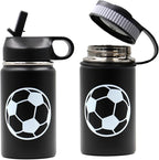 12 oz Soccer Water Bottle, Sports Flask Metal Thermo Travel Tumbler with 2 Lids, BPA Free 18/8 Stainless Steel Leak Proof Double Wall Vacuum Insulated Water Bottles, Soccer Gifts for Boys Girls Player