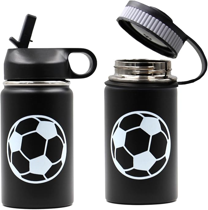 12 oz Soccer Water Bottle, Sports Flask Metal Thermo Travel Tumbler with 2 Lids, BPA Free 18/8 Stainless Steel Leak Proof Double Wall Vacuum Insulated Water Bottles, Soccer Gifts for Boys Girls Player