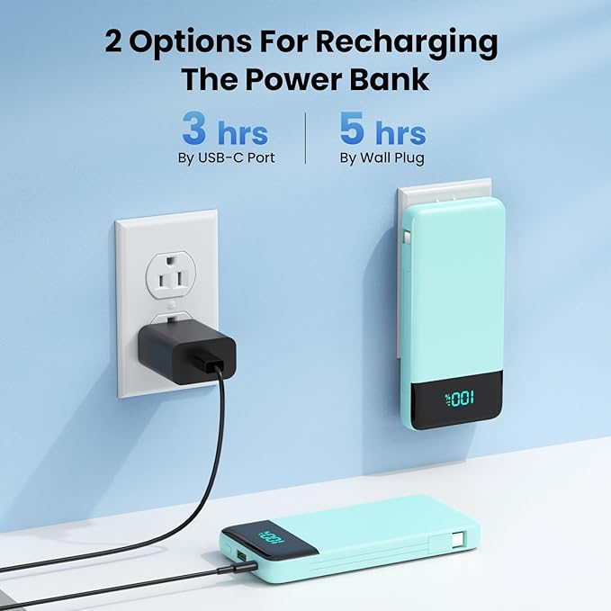 FOCHEW Portable Charger Built-in Cables and Wall Plug,13800mAh Fast Charging USB C Power Bank,4 Outputs Travel Essential Battery Pack for iPhone 17/16/15/14/13,Galaxy,Android -Green