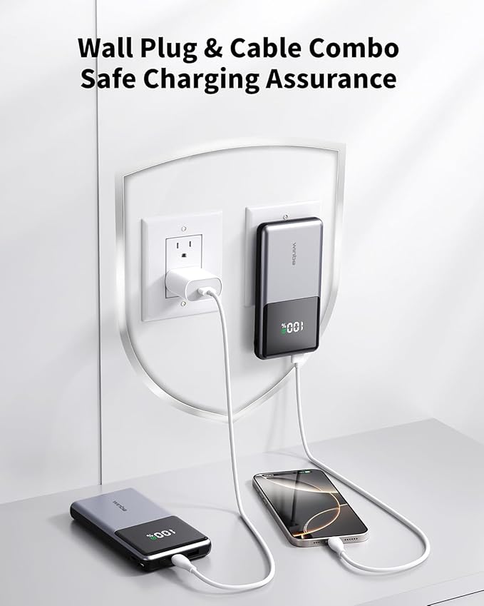 Portable Charger with Built in Cables, 10000mAh Power Bank with Wall Plug, Travel Essential Fast Charging Battery Pack for iPhone 17 16 15 14 etc (Blue)