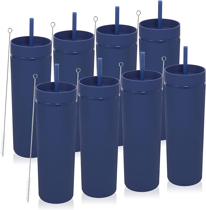 Volhoply 20oz Tumbler with Lid and Straw 8 Pack,Double Wall Plastic Skinny Tumblers Bulk,Reusable Travel Cute Coffee Mug,BPA Free Matte Acrylic Water Cups With Straw for Party,DIY Gifts(Navy, 8 Set)