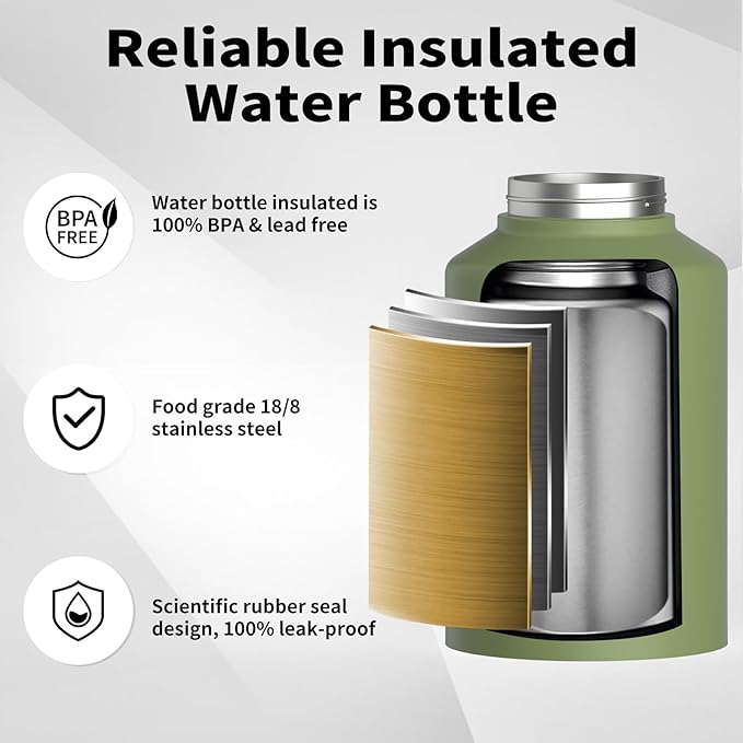 WATERSY 1 Gallon Water Bottle Insulated(Cold for 48 Hrs),BPA Free&Leak Proof,128oz Stainless Steel Water Jug,Big thermo,Large Water Bottle with Handle for Gym,Hiking,Camping&Travel,Olive Green