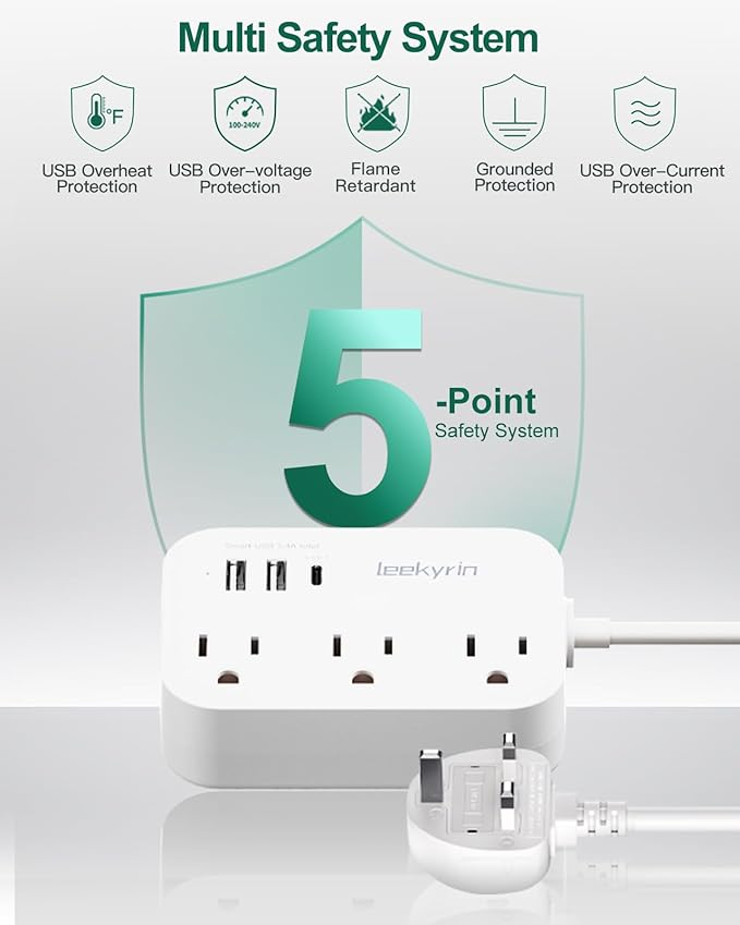 10FT Extension Cord with UK Plug Adapter, US to UK Plug Adapter with 3 Outlets 3 USB Charging Ports (USB-C), Type G Travel Adapter for USA to Scotland British London England Irish Dubai