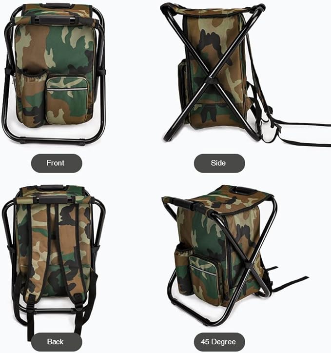 Portable Hiking Camouflage Camping Stool, Folding Camping Chair Stool Backpack with Cooler Insulated Picnic Bag