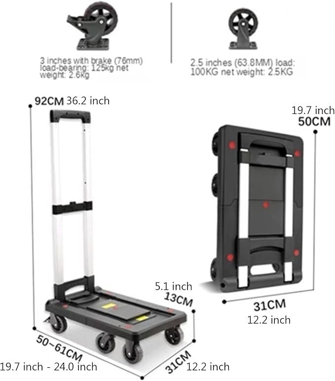 Push Cart Folding Platform Truck Plastic Push Cart Heavy Duty Portable Trolley with Retractable Assis for Luggage Travel Moving Office Platform Hand Truck (Large Black)