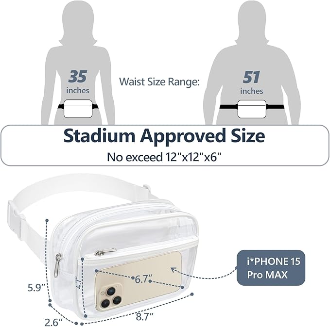 Packism Clear Fanny Pack Stadium Approved - Plus Size 35-51 inches Adjustable Strap Clear Belt Bag for Women Men Transparent Waist Bag for Concerts, Sporting Events, White