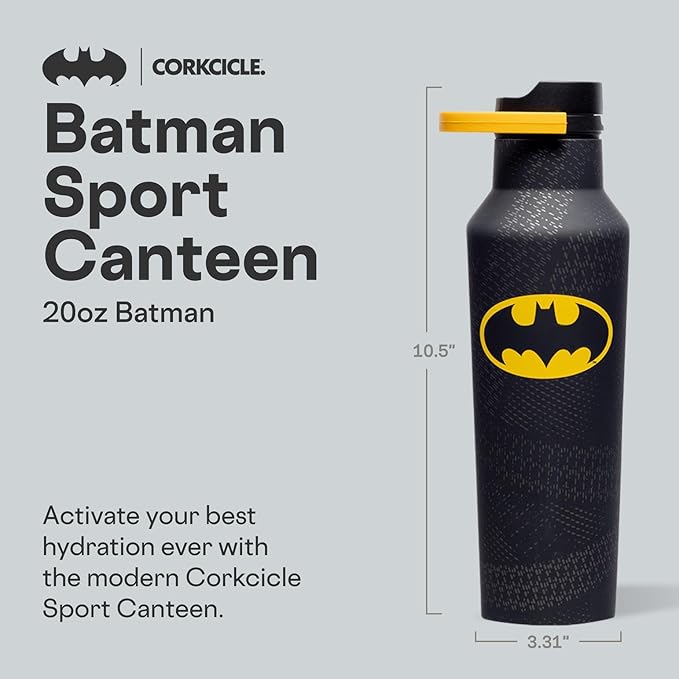 Corkcicle Sport Canteen - Keeps Beverages Cold 25 Hours - Triple Insulated Stainless Steel - Screw-On Lid - Reusable Bottle - Summer Drinkware Gift - Keeps Drinks Ice Cold - 20 oz - Batman