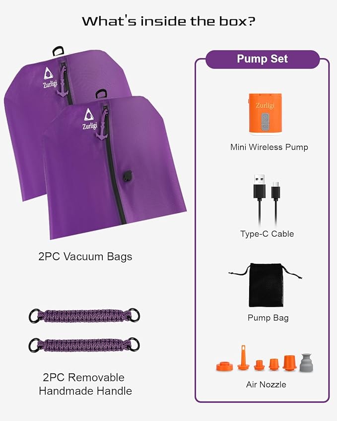 Zurligi Vacuum Compression Bags with Pump for Travel - Waterproof, Reusable, Removable Handle, Portable Travel Pack Vacuum Bag Kit for Carry On Suitcases and Backpack