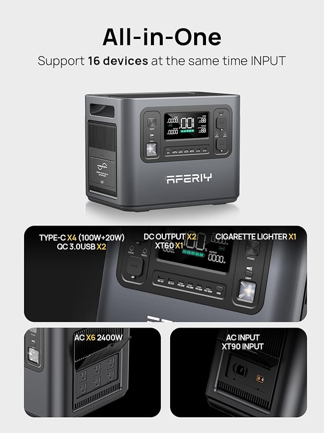 AFERIY P210 Portable Power Station 2400W,2048Wh LiFePO4 Battery Generator with 1100W AC Charging & 500W Solar Charging,for Home Backup,Power Outages, Camping【Pure Sine Wave AC Input & Output Only】