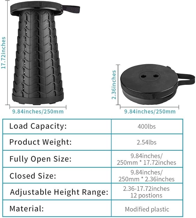 Boreeman Upgraded Folding Stool Lightweight Yet More Sturdy with Load Capacity 400lbs Portable Collapsible Stool for Camping Fishing Hiking BBQ (Black)