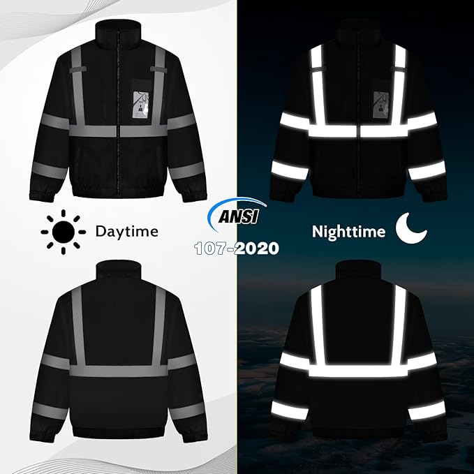 High Vis Safety Jackets, Reflective Work Jacket with Pockets for Men& Women, Construction Coats for Cold Weather, Waterproof Rain Jacket, Class 3, Black Standard, XXL