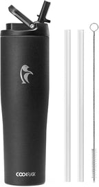 Coolflask Water Bottle 40 oz Fits Car Cup Holder, Slim Tumbler Stainless Steel with Straw & Handle, Vacuum Flask Leakproof Wide Mouth for Travel Sports Gym, Black