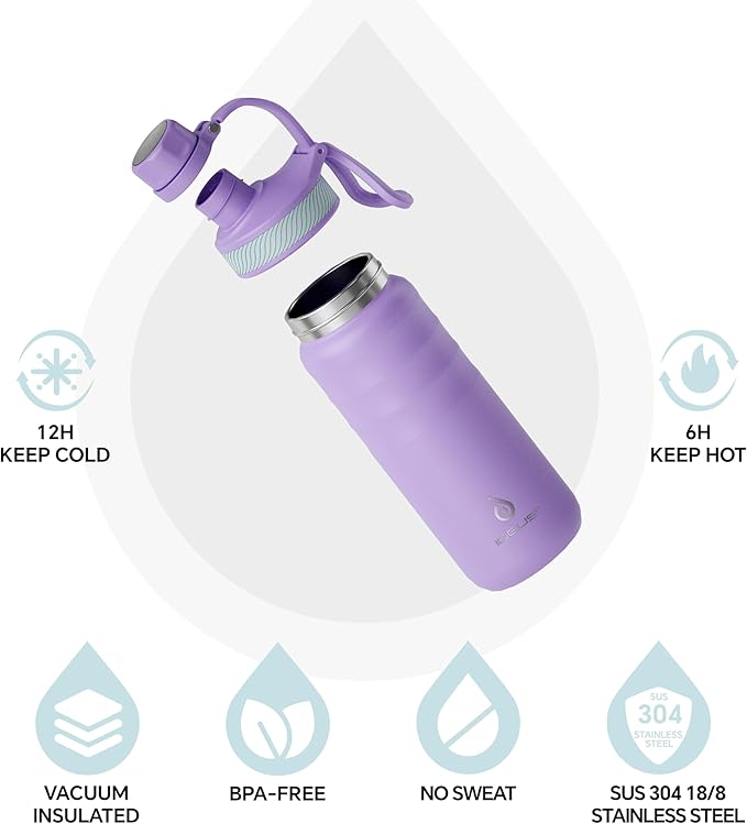 IDEUS Insulated Stainless Steel Water Bottle with 2 Leak-Proof Lids, Thermal Water Flask for Hiking Biking, 18oz, Violet
