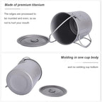 iBasingo 750ml Titanium Mug Camping Hanging Pot with Lid Ultralight Outdoor Travel Tea Coffee Water Cup Portable Hiking Picnic Backpacking Cooking Kit with Foldable Handle Ti3038D