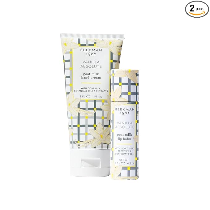 Beekman 1802 Goat Milk Hand Cream & Lip Balm Set – Hydrating Skincare Duo for Dry Hands & Chapped Lips – Moisturizing Hand Lotion & Lip Care Gift Set, Travel Size – Vanilla Absolute