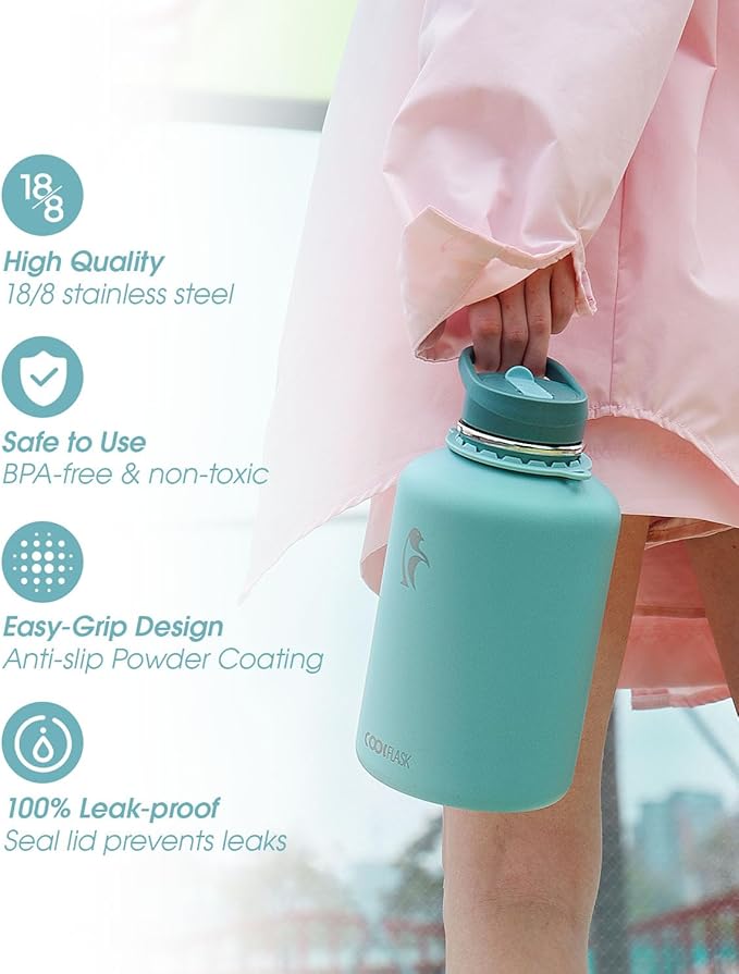 Coolflask Insulated Water Bottle 64 oz with Straw, Half Gallon Large Water Jug with Straw & Spout Lids, Vacuum Stainless Steel Metal Flask, Keep Cold 48h Hot 24h, Leak Proof & Non-BPA, Agate Green