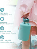 Coolflask Insulated Water Bottle 64 oz with Straw, Half Gallon Large Water Jug with Straw & Spout Lids, Vacuum Stainless Steel Metal Flask, Keep Cold 48h Hot 24h, Leak Proof & Non-BPA, Agate Green