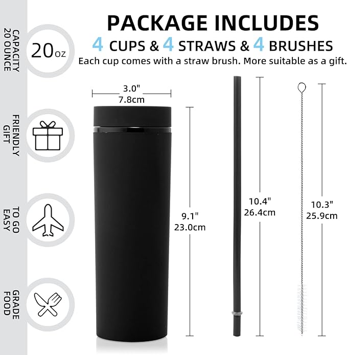 Volhoply 20oz Plastic Skinny Tumblers Bulk 4 Pack,Double Wall Tumbler with Lid and Straw,Reusable Travel Coffee Mug,BPA Free Matte Acrylic Water Cups with Straw for Party,DIY Gifts(Assorted, 4 Set)
