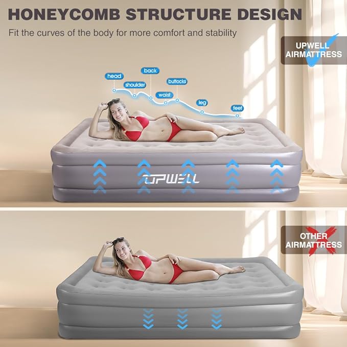 UPWELL Inflatable Air Mattress Queen with Built in Pump Comfort Blow up Bed Waterproof Fast&Easy Set up Dura Beam Strong Support Mattress for Home Guests & Camping Navy Blue