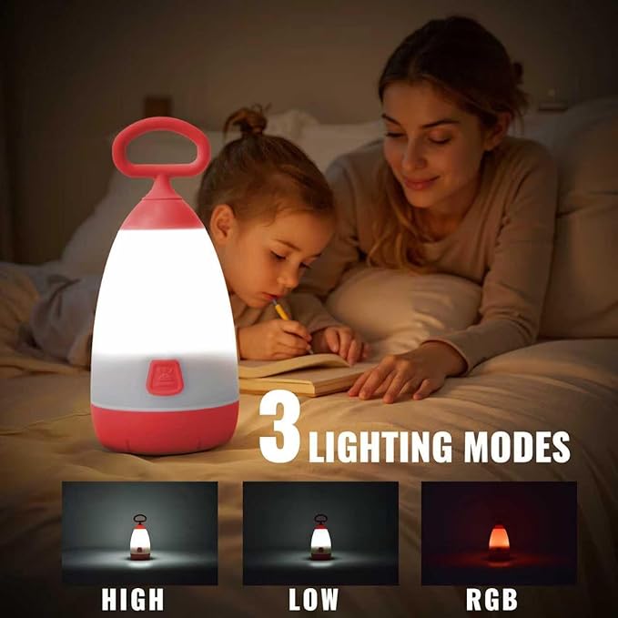 Kids Camping Lantern & Night Light Battery Powered, 360° Eye-Safe Light (AAA Included), IPX4 with RGB Modes Portable for Outdoor, Emergency , Gift for Children (Green+Red 2 Pack)