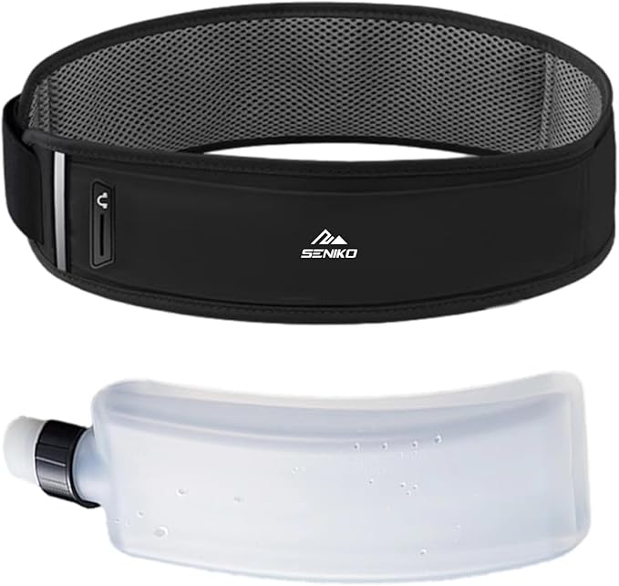 SENIKO Running Belt Hydration with Bottles,Fanny Pack Water Bottle Holder, Zipper Waist Pouch Fits Most phones,Zerobounce Design for Cycling Climbing Marathon (Watter Bottle Included)