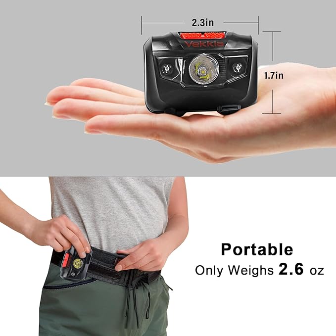 Vekkia LED Headlamp Rechargeable - 5 Lighting Modes,White & Red LEDs Head Lamp, Camping Accessories Gear. IPX4 Waterproof Headlight for Running,Cycling,Fishing,Hiking,Repairing. Type-C Included