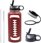 32 oz Football Water Bottle, Wide Mouth Sports Cup Flask Metal Travel Mug with 2 Lids, Stainless Steel Double Wall Vacuum Insulated Leakproof Water Bottles, Football Stuff Gifts for Mom Men Boys Girls