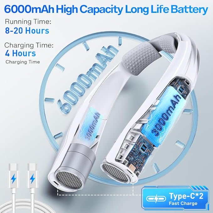 Hands-Free Portable Neck Fan - 6000mAh High Capacity Battery, USB Dual Port Fast Charging, Ultra-Quiet 6 Speeds Cooling Air, 360° Airflow for Outdoor, Indoor, Office, Travel - Gray