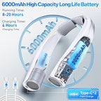 Hands-Free Portable Neck Fan - 6000mAh High Capacity Battery, USB Dual Port Fast Charging, Ultra-Quiet 6 Speeds Cooling Air, 360° Airflow for Outdoor, Indoor, Office, Travel - Gray