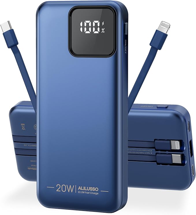 Portable Charger Built-in Cables for iPhone Samsung iPad Android Phone, 10000mAh Power Bank Fast Charging, Smart LED Display Battery Pack 2-Port Output Traveling -Dark Blue