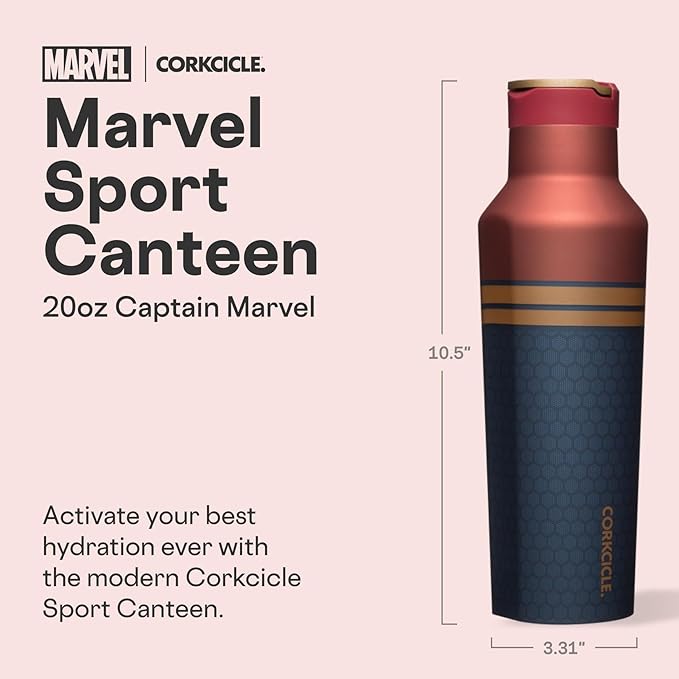 Corkcicle Marvel Sport Canteen - Triple-Insulated Stainless Steel Water Bottle - Straw Cap & Folding Metal Handle - Summer Drinkware Gift - Keeps Drinks Ice Cold - Captain Marvel - 20 oz