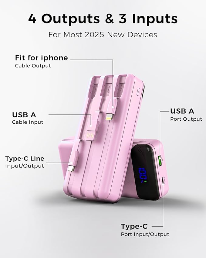 Portable Charger 40000mAh Power Bank Built-in Cable Battery Pack, PD 22.5W Fast Charging Portable Phone Charger 4 Output 3 Input, Compatible with iPhone 16 15 14 13 Samsung Google iPad (Pink)