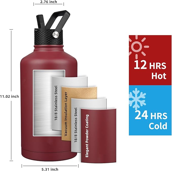 Insulated Water Bottle 87oz,Triple Wall Vacuum Stainless Steel(Dishwasher Safe),Leak Proof & Non-BPA,Flask Jug with Paracord Handle & Straw Spout Lids Sports Red