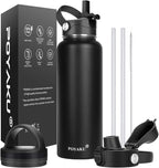 Water Bottle Insulated 32oz 40oz 64oz 128oz Straw Lid Spout Lid & 3 Lids, Leak Proof, Vacuum Insulated,Stainless Steel Water Bottle Wide Mouth for Sports, Gym or Office