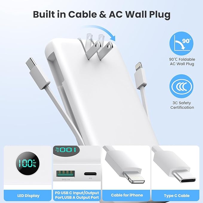 Portable Charger with Built-in Cables and AC Wall Plug 13800mAh,LCD Display Slim PD Fast USB C Power Bank,4 Outputs Travel Essentials Battery Pack Compatible with iPhone,Samsung,All Smart Phones-White
