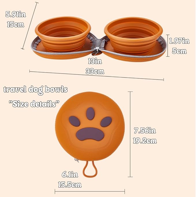 Bear Paw Foldable Pet Bowl, Dual Bowl Design for Food and Water,6.1in，Pink,Orange and Beige (Beige)