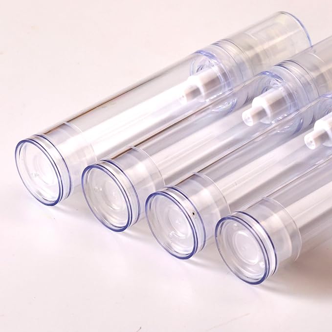 4Pcs 0.34 oz Airless Travel Pump Bottles - 3.7×0.7 inch Refillable Clear Cosmetic Containers Leak‑Resistant for Lotion Shampoo Serum（Spray+Lotion）