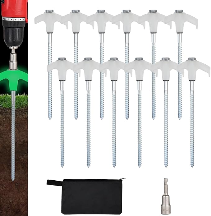 12 Pack Screw in Tent Stakes Heavy Duty,8 Inch Ground Anchors Screw in,Metal Stakes with Hex Head Driver,Camping Tent Accessories.(Luminous White)