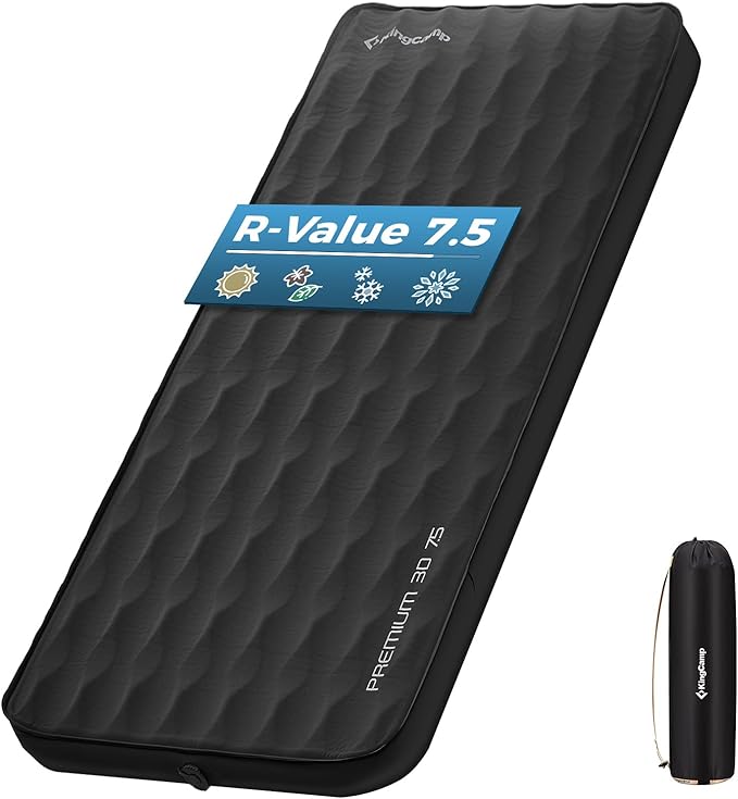KingCamp Self Inflating Sleeping Pad, R 7.9 Air & Foam Sleeping Pad for Camping, 3" Thick Single Camping Mattress with 3D Sidewalls & Wave Surface Cut for Outdoor Tent Cot Car, PVC Free (Black)