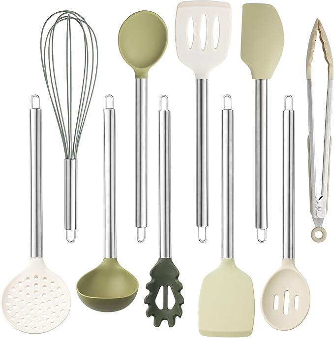 COOK WITH COLOR Silicone Cooking Utensils, Kitchen Utensil Set, Easy to Clean Silicone Kitchen Utensils, Cooking Utensils for Nonstick Cookware, Kitchen Gadgets Set, 10 Pieces, Green