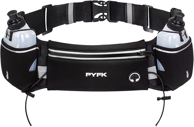 PYFK Upgraded Running Belt with Water Bottles, Hydration Belt for Men and Women, Water Bottle Holder Running Pouch Belt, Fanny Pack Fits 7 inches Phones, Waist pack for Running Hiking Climbing