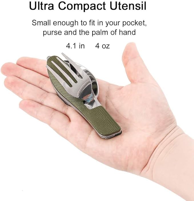 2Pcs Detachable Camping Utensils Cutlery Set, Caudblor Portable 4 in 1 Stainless Steel Travel Utensil, Foldable Knife Fork Spoon Bottle Opener, Multi Function Eating Flatware Tableware(Green Black)