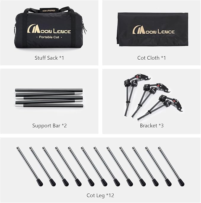 MOON LENCE Height Adjustable Camping Cot - Supports 330 lbs, Portable Folding Bed with Leg Extenders for Camping, Hiking, Sleeping, 1 Pack, Black