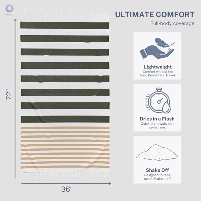 Cotton Turkish Beach Towel with Towels Oversized 36"x72" Pool Absorbent Extra Large Quick Dry Sand Travel Towel (Sage & Sand, 4 Pack)