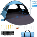 WhiteFang Beach Tent Anti-UV Portable Sun Shade Shelter for 3/4/6/8 Person, Extendable Floor with 3 Ventilating Mesh Windows Plus Carrying Bag, Stakes and Guy Lines