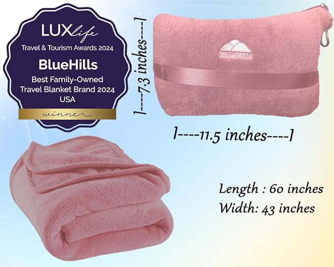 BlueHills Soft Travel Blankets Mini Value Pack Set of 2 - Premium Airplane Travel Essential Flight Blanket Throw in a case with Strap Compact for Car Plane Travel Gift – Pink and Royal Blue.