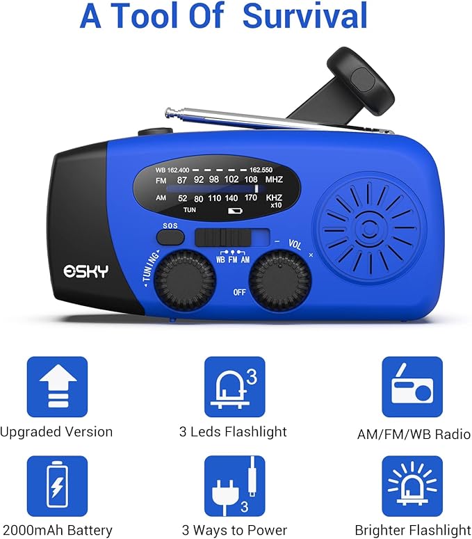 Esky Emergency Hand Crank Radio with 3 LED Flashlight, AM/FM/NOAA Portable Weather Radio with 2000mAh Power Bank Phone Charger, Solar Powered USB Rechargeable Radio for Indoor Outdoor Camping, Blue