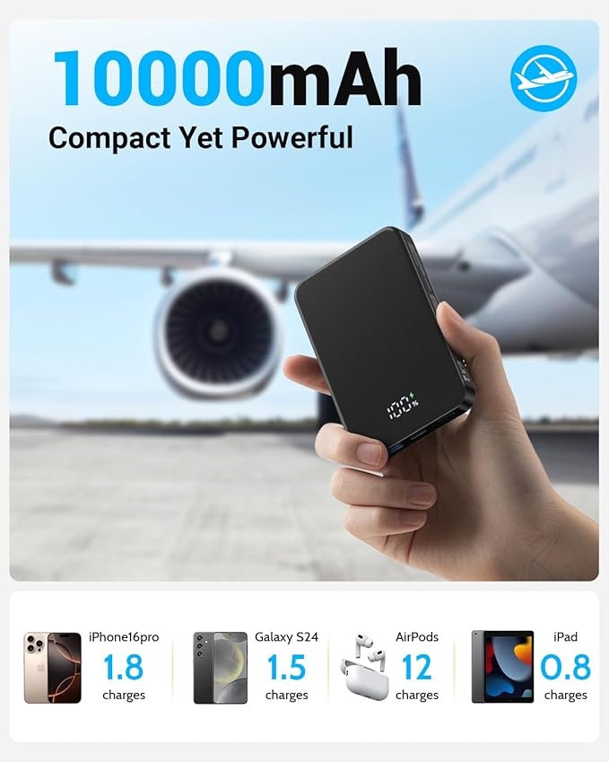 for Magsafe Portable Charger, Aluminum Alloy Small 10000mAh 20W PD Magnetic Power Bank, USB-C in&Out Wireless Battery Pack Phone Charger for iPhone 17/16/15/14/13/12 Plus Pro Max Series -Black