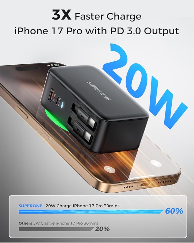 SUPERONE Retractable iPhone Charger, 4-Port USB C Charger Block, iPhone Chargers Fast Charging with Dual USB C Cable, Wall Chargers for iPhones 17/16/15/14/13/12/11 Series, Pad, Samsung, Pixel - Black